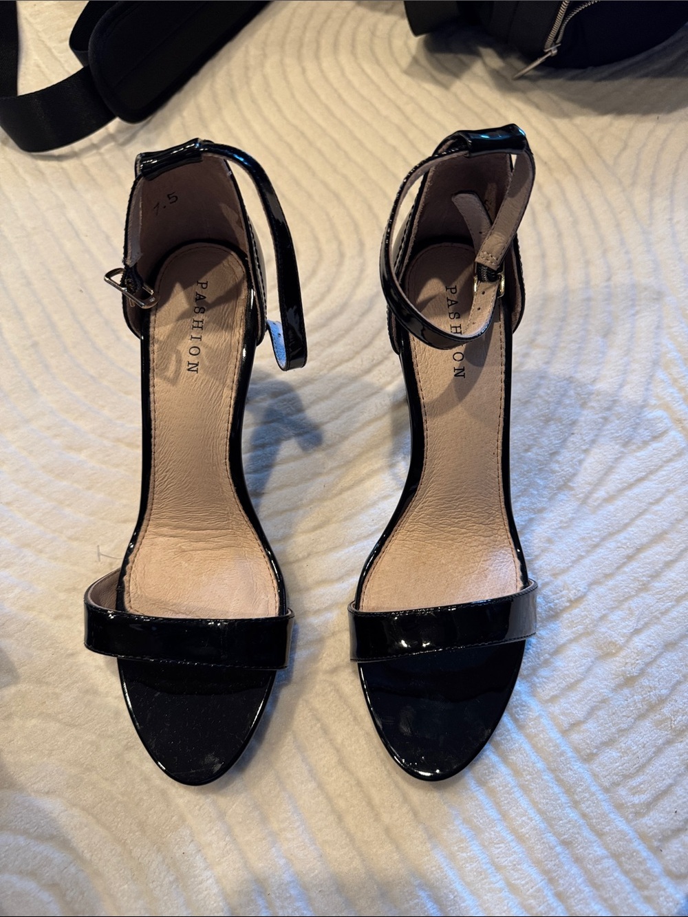 Pashion Black Patent Single-Band Ankle-Strap Heels